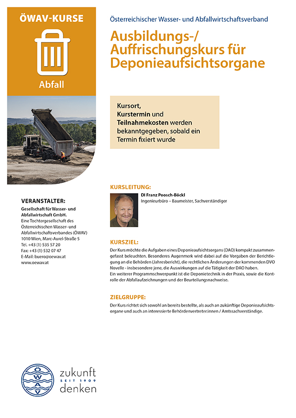 Cover Kursfolder Ausbildung/Auffrischung für Deponieaufsichtsorgane