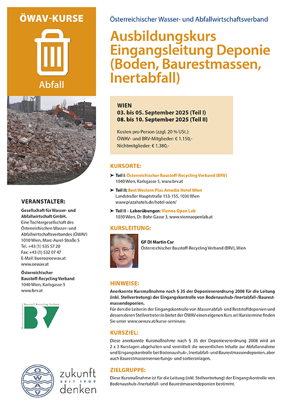 Cover Kursfolder Eingangsleitung Deponie (Boden, Baurestmassen, Inertabfall)