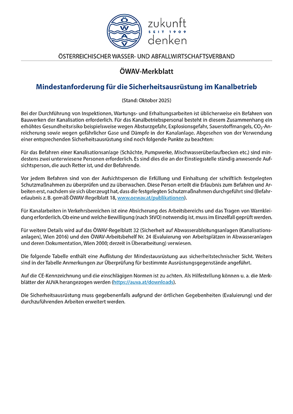 Erste Seite ÖWAV-Merkblatt Mindestanforderung für die Sicherheitsausrüstung im Kanalbetrieb