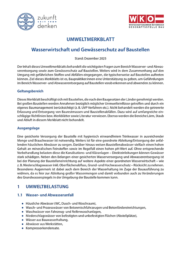 Erste Seite ÖWAV-Umweltmerkblatt Wasserwirtschaft und Gewässerschutz auf Baustellen