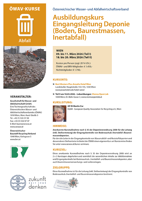 Cover Kursfolder Eingangsleitung Deponie (Boden, Baurestmassen, Inertabfall)