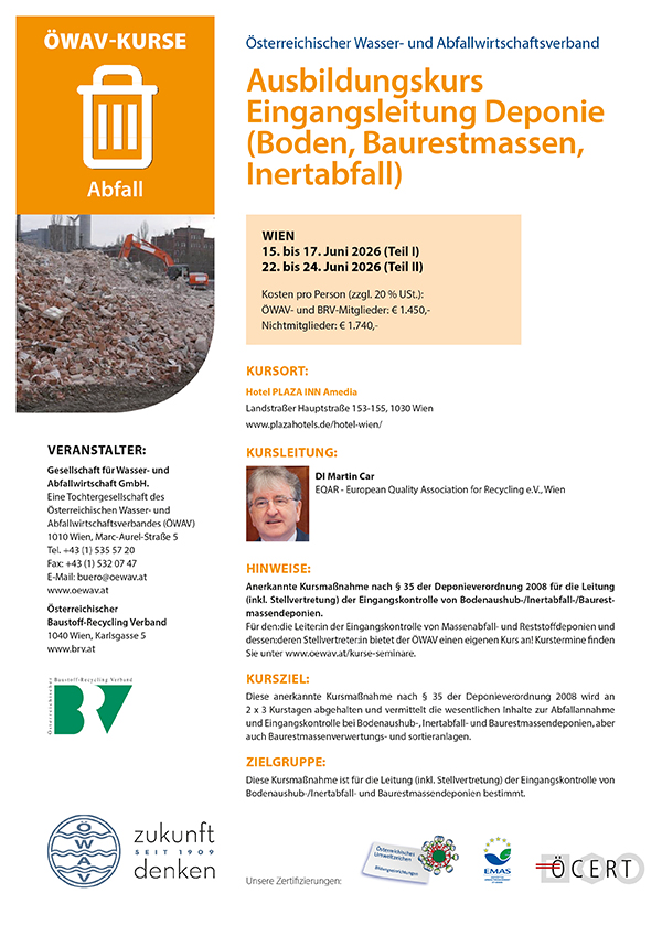 Cover Kursfolder Eingangsleitung Deponie (Boden, Baurestmassen, Inertabfall)