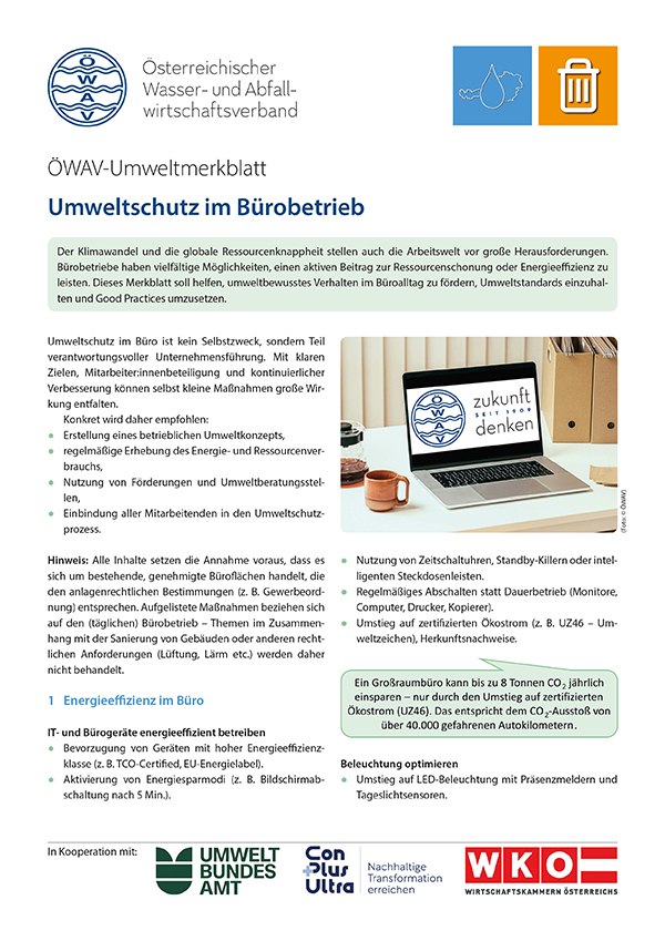 Titelseite ÖWAV-Umweltmerkblatt Umweltschutz im Bürobetrieb