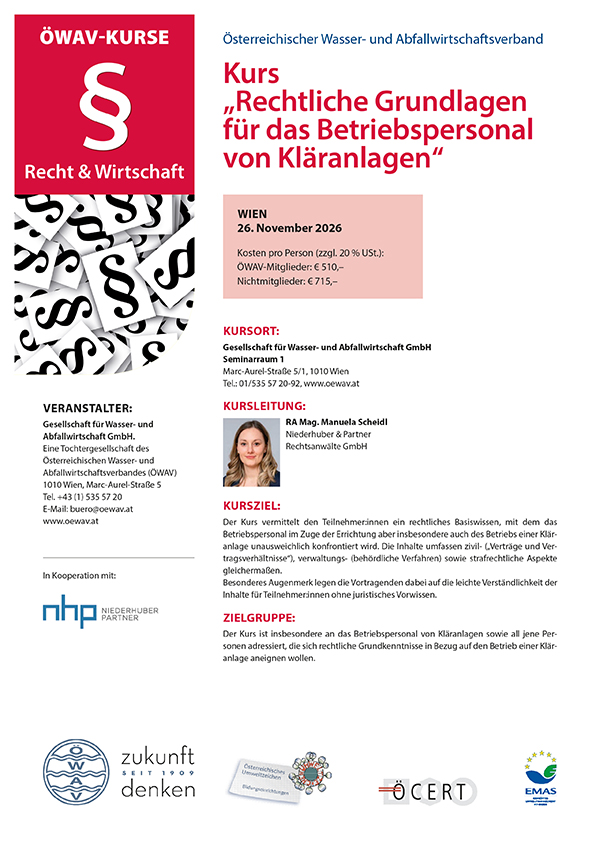 Cover Kursfolder Rechtliche Grundlagen für das Betriebspersonal von Kläranlagen