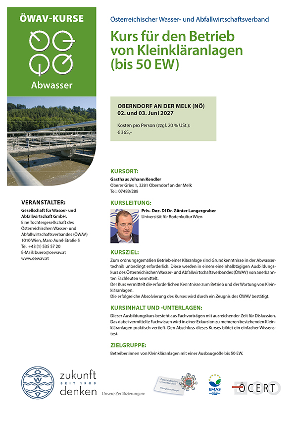 Cover Kursfolder Kleinkläranlagen (bis 50 Einwohnerwerte), konventionelle Anlagen