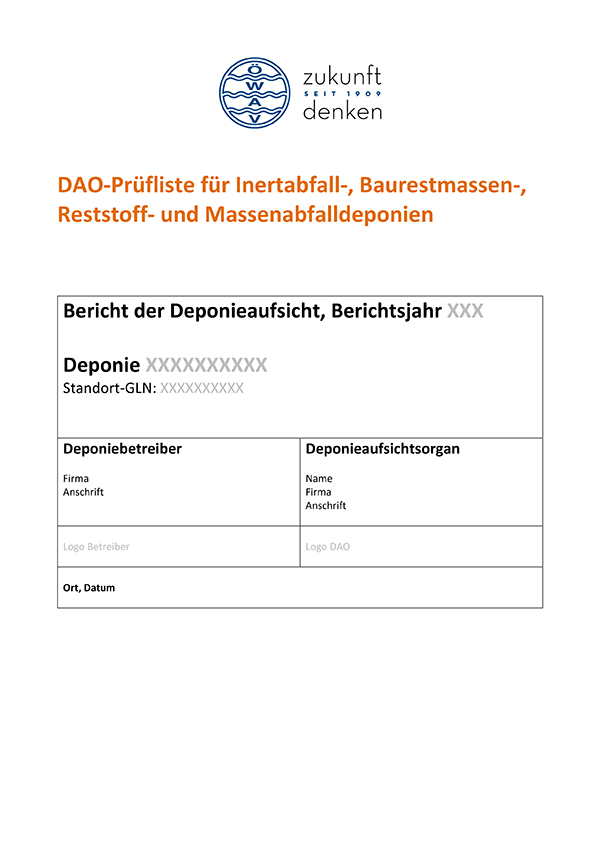 Titelseite DAO-Prüfliste für Inertabfall-, Baurestmassen-, Reststoff- und Massenabfalldeponien