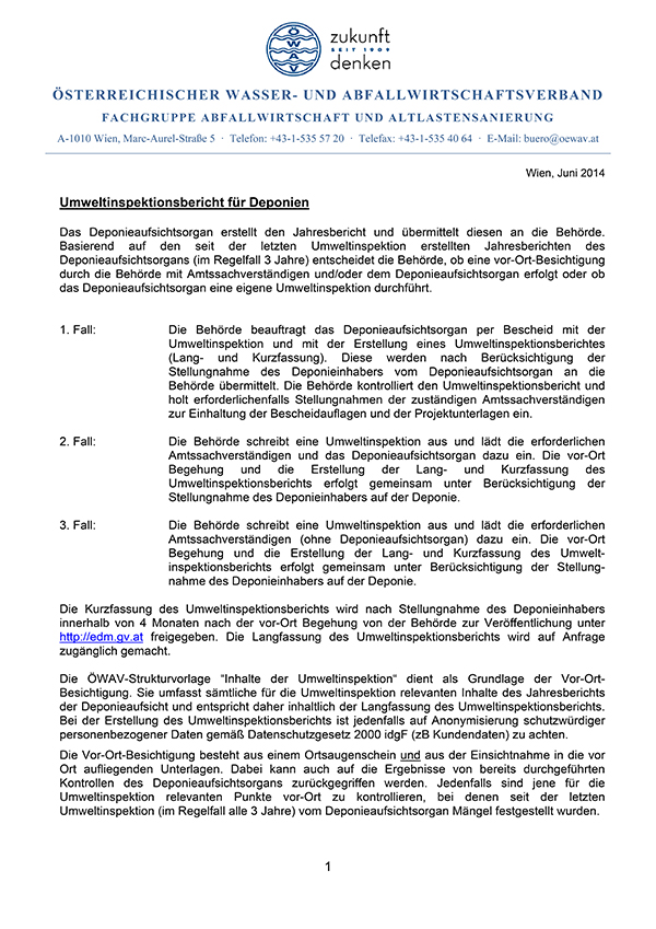 Erste Seite Publikation Strukturvorlage für einen Umweltinspektionsbericht auf Deponien für nicht gefährliche Abfälle