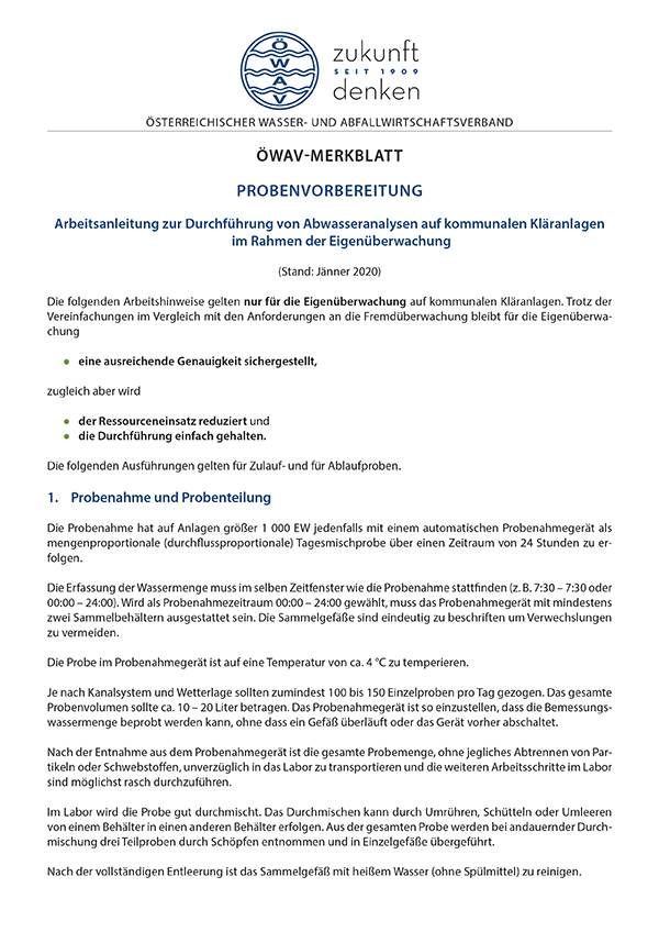 Erste Seite ÖWAV-Merkblatt Probenvorbereitung Anleitung zur Durchführung von Abwasseranalysen