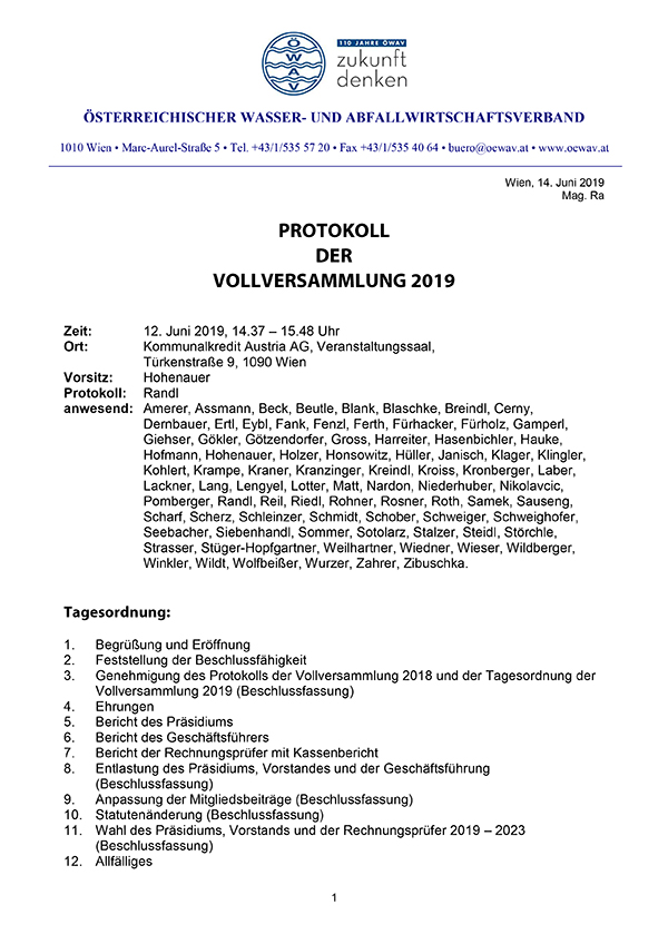 Erste Seite des Protokolls der ÖWAV-Vollversammlung 2019