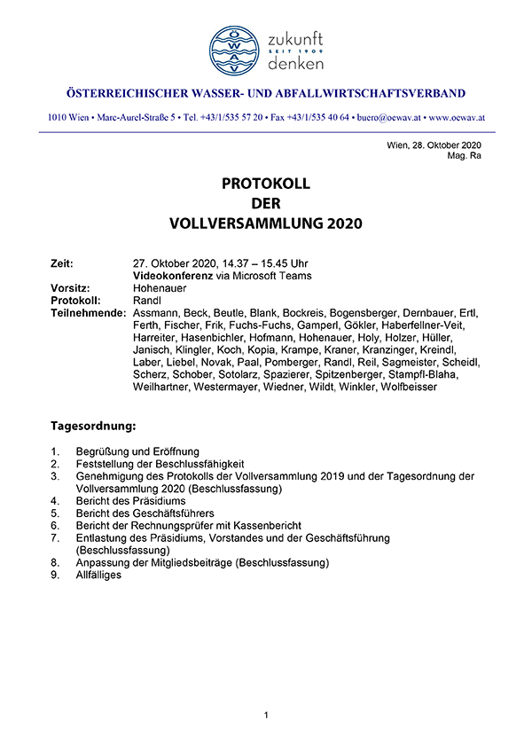 Erste Seite des Protokolls der ÖWAV-Vollversammlung 2020