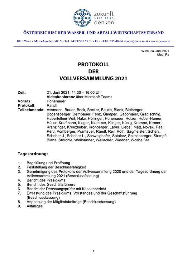 Erste Seite des Protokolls der ÖWAV-Vollversammlung 2021