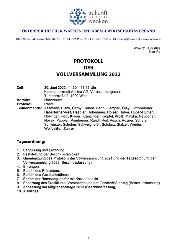 Erste Seite des Protokolls der ÖWAV-Vollversammlung 2022