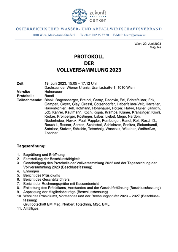 Erste Seite des Protokolls der ÖWAV-Vollversammlung 2023