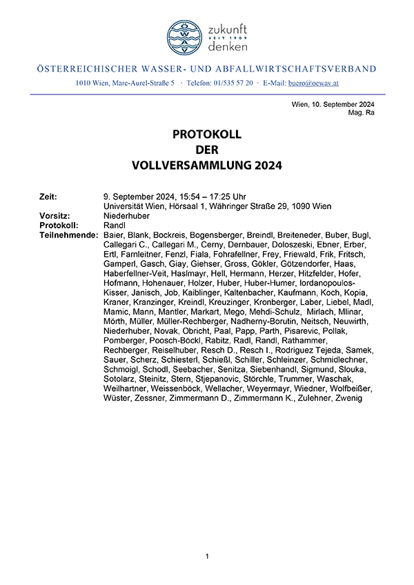 Erste Seite des Protokolls der ÖWAV-Vollversammlung 2024