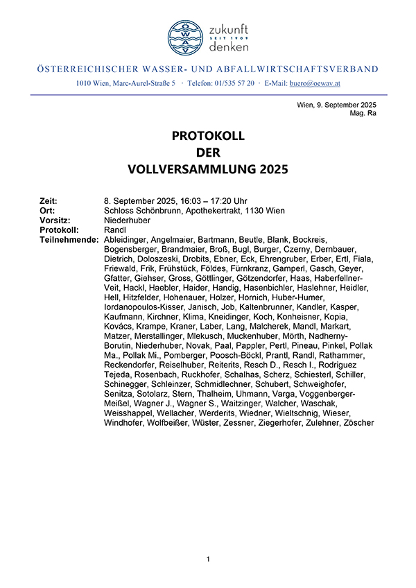 Erste Seite des Protokolls der ÖWAV-Vollversammlung 2025