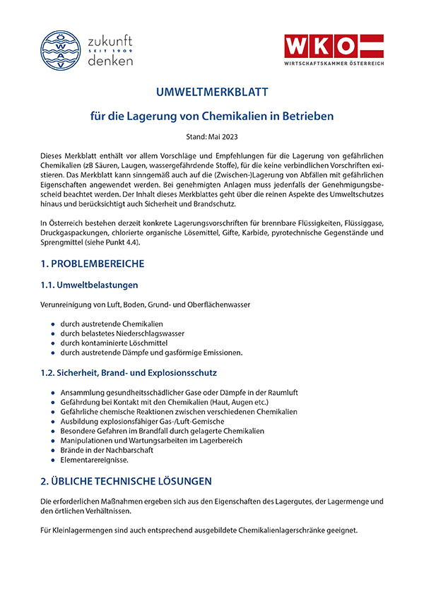 Erste Seite ÖWAV-Umweltmerkblatt für die Lagerung von Chemikalien in Betrieben