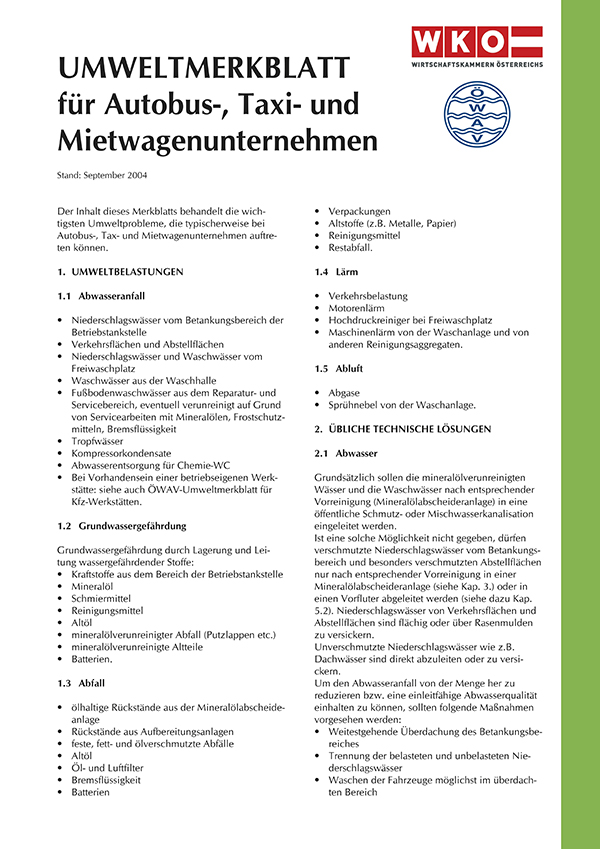 Erste Seite ÖWAV-Umweltmerkblatt für Autobus-, Taxi- und Mietwagenunternehmen