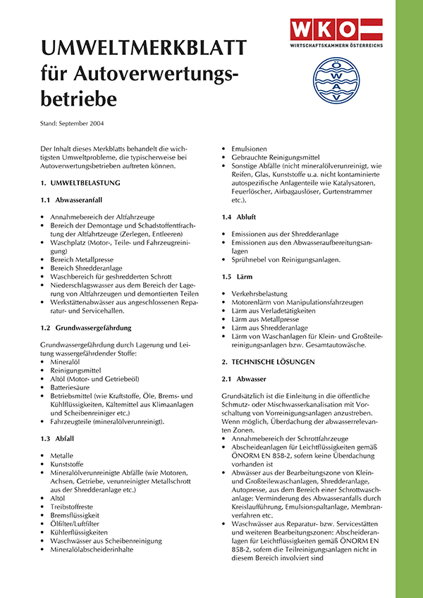 Erste Seite ÖWAV-Umweltmerkblatt für Autoverwertungsbetriebe