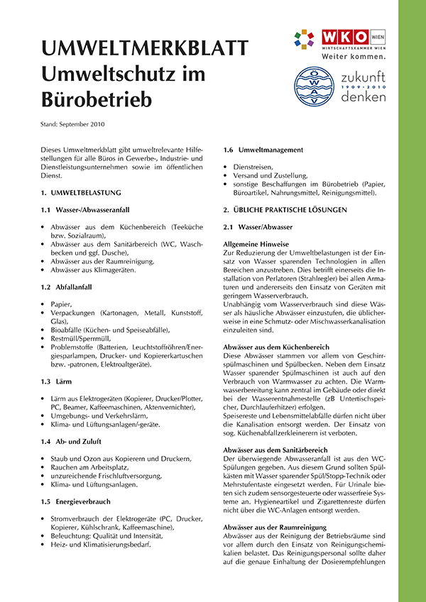 Erste Seite ÖWAV-Umweltmerkblatt für Umweltschutz im Bürobetrieb