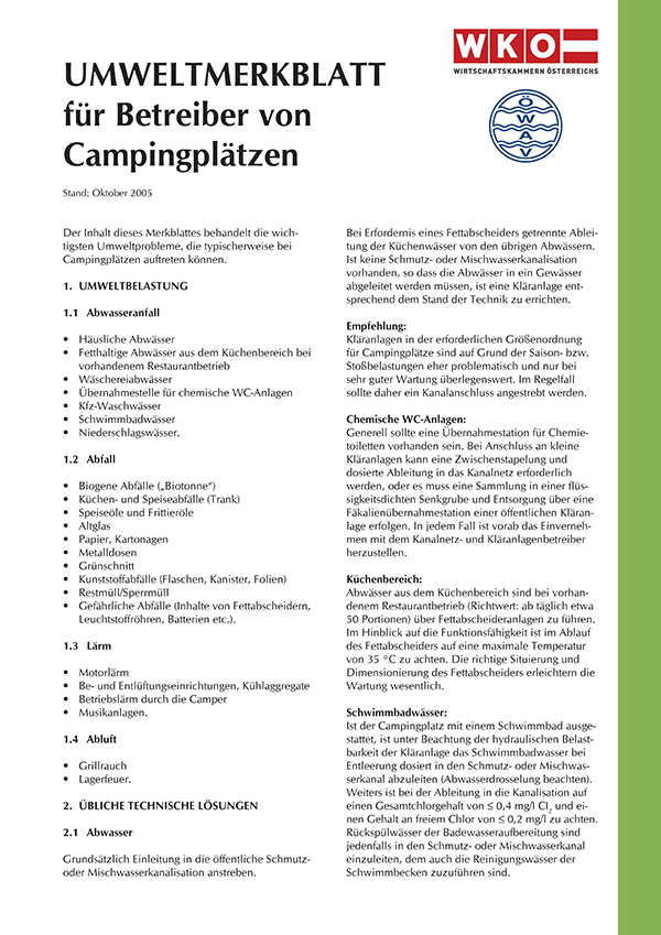 Erste Seite ÖWAV-Umweltmerkblatt für für Betreiber von Campingplätzen