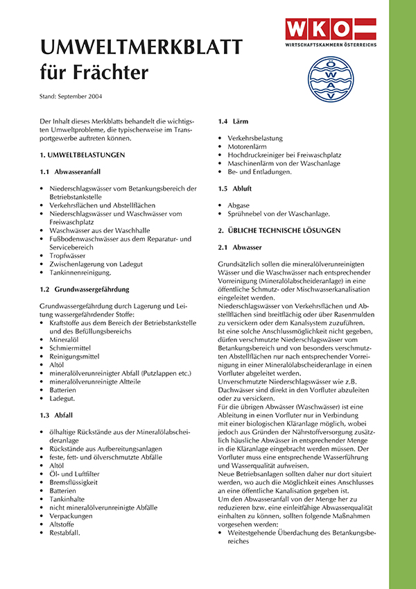 Erste Seite ÖWAV-Umweltmerkblatt für Frächter