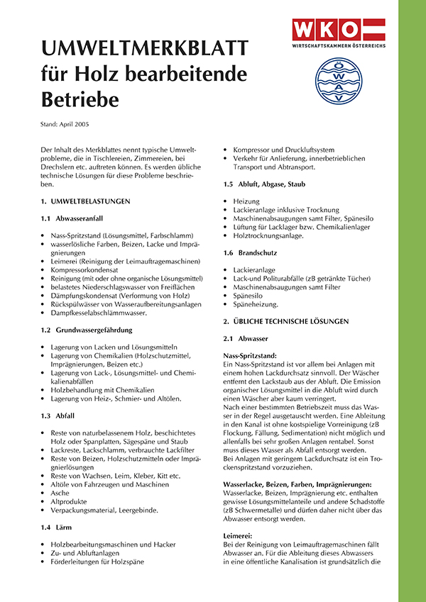Erste Seite ÖWAV-Umweltmerkblatt für Holz bearbeitende Betriebe