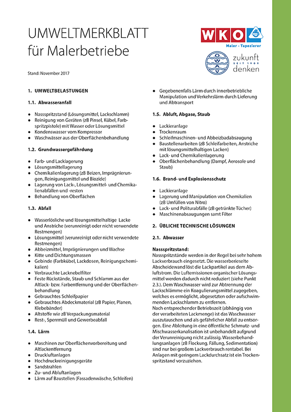 Erste Seite ÖWAV-Umweltmerkblatt für Malerbetriebe
