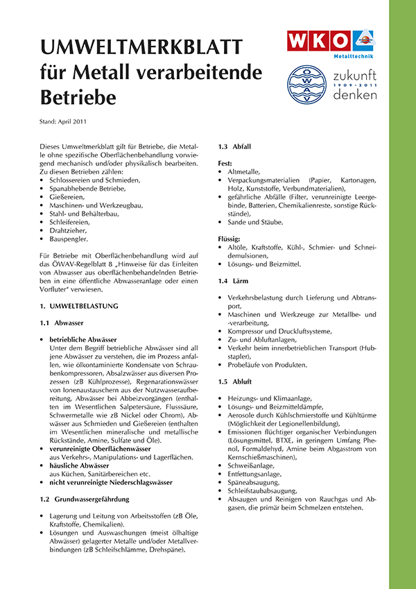Erste Seite ÖWAV-Umweltmerkblatt für Metall verarbeitende Betriebe