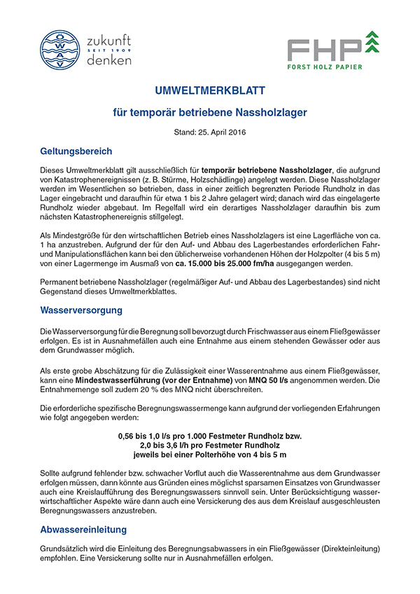 Erste Seite ÖWAV-Umweltmerkblatt für temporär betriebene Nassholzlager