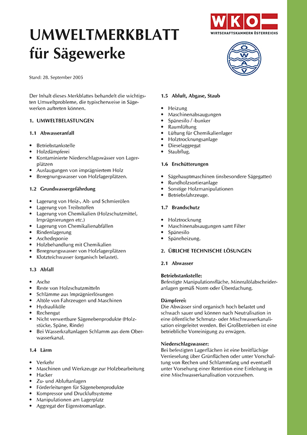 Erste Seite ÖWAV-Umweltmerkblatt für Sägewerke