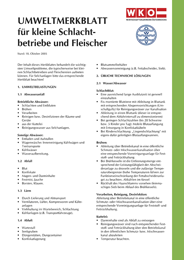 Erste Seite ÖWAV-Umweltmerkblatt für kleine Schlachtbetriebe und Fleischer