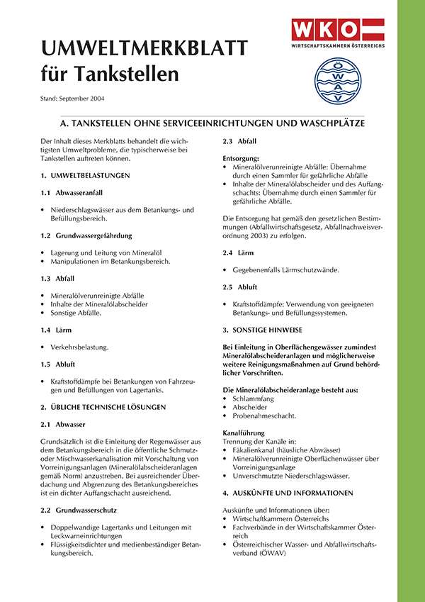 Erste Seite ÖWAV-Umweltmerkblatt für Tankstellen