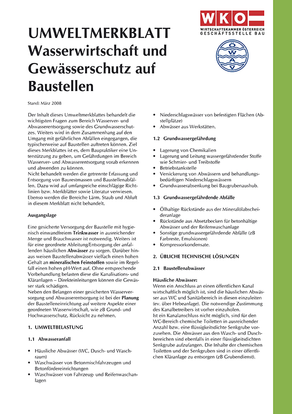 Erste Seite ÖWAV-Umweltmerkblatt für Wasserwirtschaft und Gewässerschutz auf Baustellen