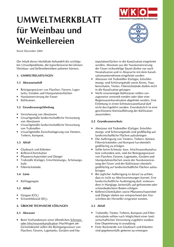 Erste Seite ÖWAV-Umweltmerkblatt für Weinbau und Weinkellereien
