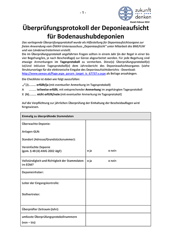 Erste Seite Überprüfungsprotokoll der Deponieaufsicht für Bodenaushubdeponien