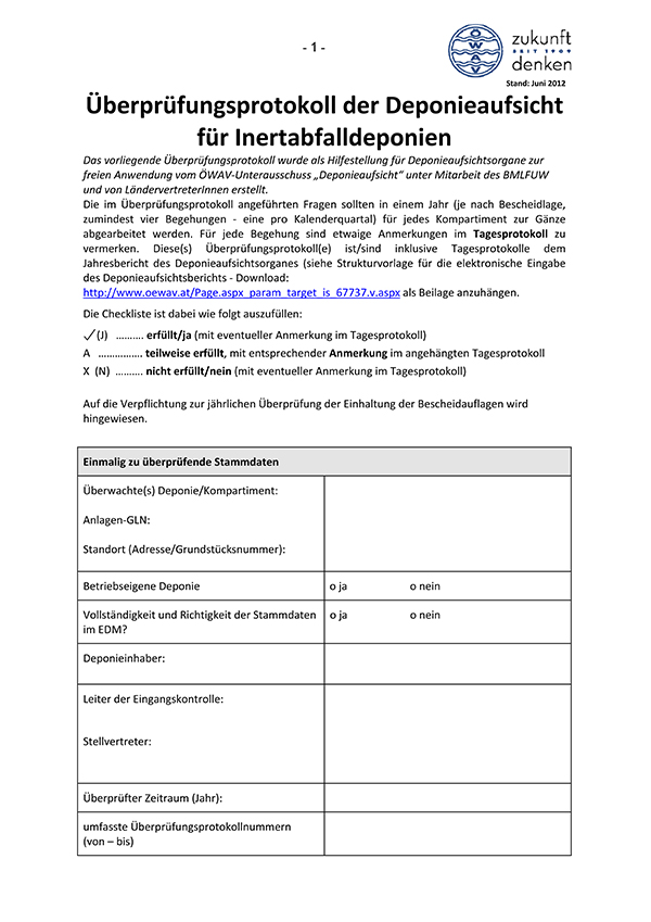 Erste Seite Überprüfungsprotokoll der Deponieaufsicht für Inertabfalldeponien