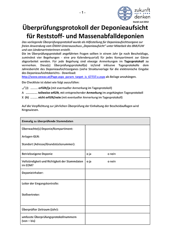 Erste Seite Überprüfungsprotokoll der Deponieaufsicht für Reststoff- und Massenabfalldeponien