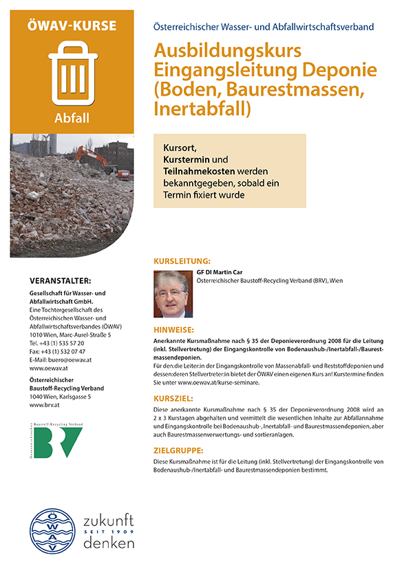 Cover Kursfolder Eingangsleitung Deponie (Boden, Baurestmassen, Inertabfall)