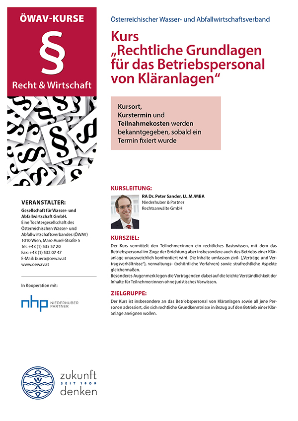 Cover Kursfolder Rechtliche Grundlagen für das Betriebspersonal von Kläranlagen
